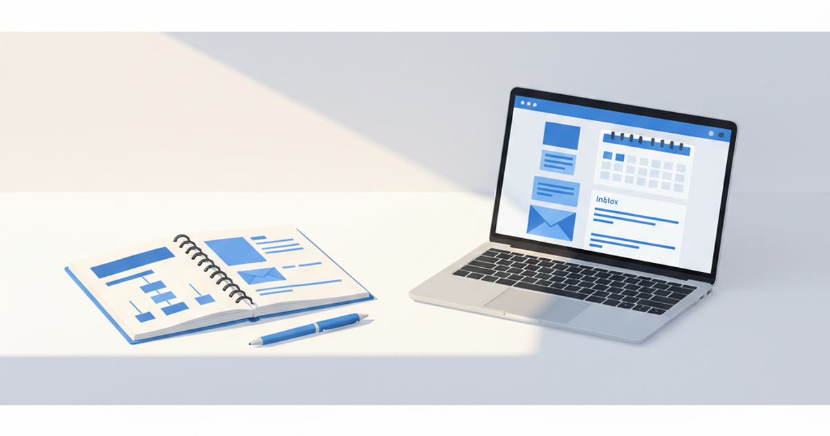 A desk showing a short prioritized plan beside an organized calendar and inbox.
