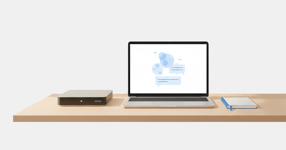 A small home server next to a laptop running a self-hosted personal AI assistant, suggesting infrastructure an owner controls.