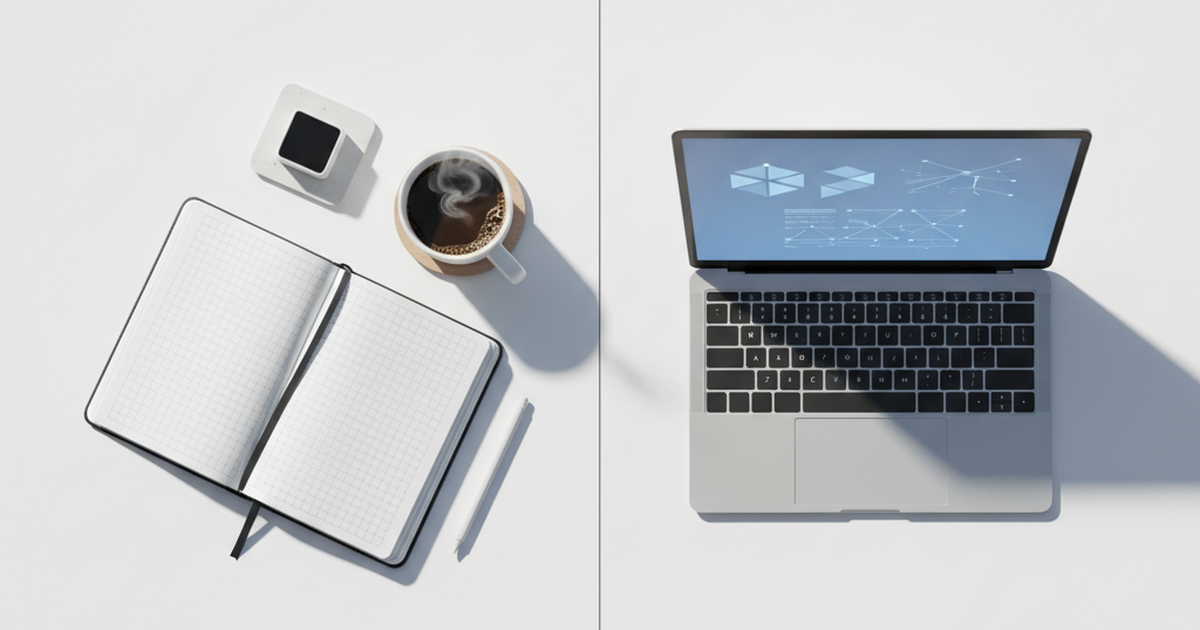 Side-by-side desk comparing a human executive assistant workspace with an AI executive assistant on a laptop.